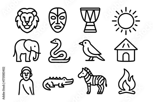 African icon set: lion, mask, drum, sun, elephant, snake, bird, hut