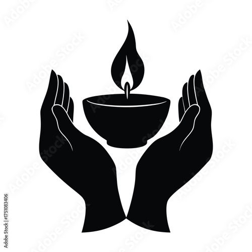 Hands Lighting Diya Festival Vector Silhouette Illustration