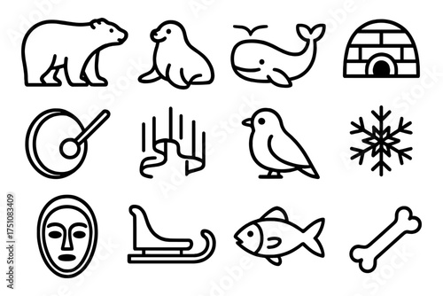 Simple arcticanimals and symbols in black line art style with winter elements