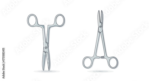 Two realistic illustrations of surgical hemostatic forceps showing both open and closed positions.