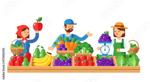 Friendly farmers selling fresh organic fruits and vegetables at a local market stall illustration.