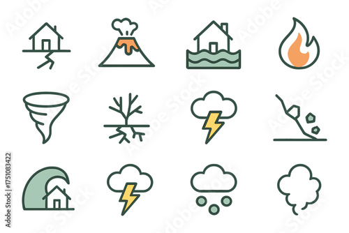 Set of linear natural disaster icons including earthquake, volcano, flood, and more