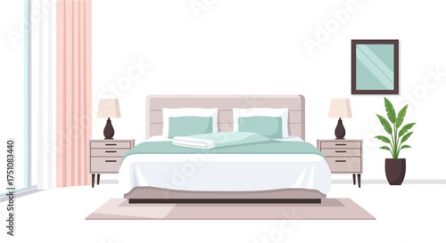 Modern Bedroom Interior with Comfortable Bed Nightstands Lamps and Plant.