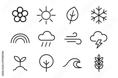 Simple linear weather and nature icons set for minimalist designs