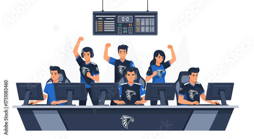 Diverse esports team celebrating victory at gaming competition with scoreboard.