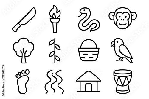 Safari adventure icons in simple bold line art for modern design projects