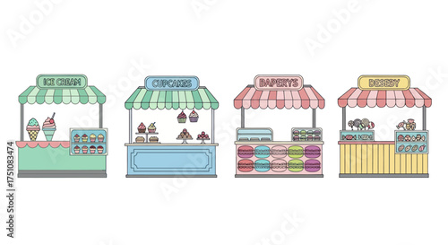 Colorful Market Stalls with Striped Awnings and Various Food Items.