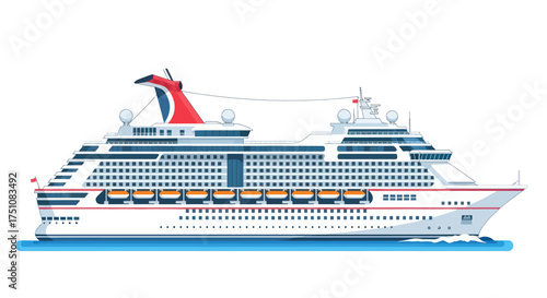 Large Cruise Ship with Red Funnel and Multiple Decks on the Water.