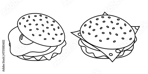 Outline Sandwich with Fried egg and Cheeseburger Sticker Icon Fast Food or Delivery design idea Set