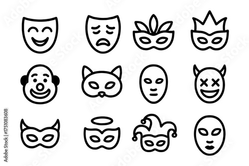 Collection of theater and carnival masks in linear style