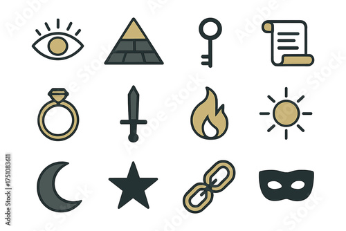Mystical icon set featuring pyramid, key, scroll, and more in minimalist style