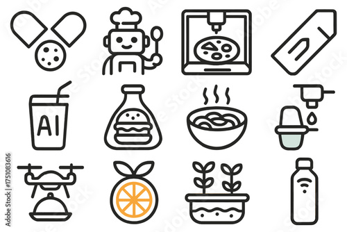Modern line icons of food, robotics, and technology for innovative design