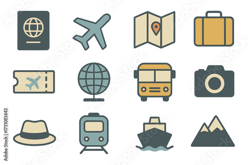 Travel icons set: airplane, passport, map, camera, luggage, and more travel essentials in simple style