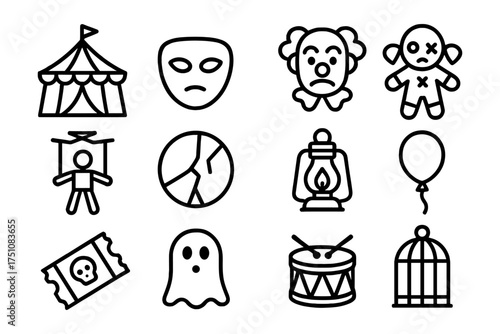 Halloween circus icons set: tent, mask, clown, voodoo doll, marionette, lantern, balloon, ticket, ghost, drum, cage