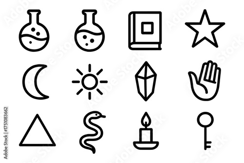 Mystical minimalist icons: book, star, moon, crystal, and more in clean line art style