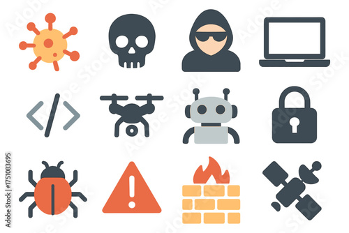 Cybersecurity icons featuring virus, hacker, drone, and lock in flat design style