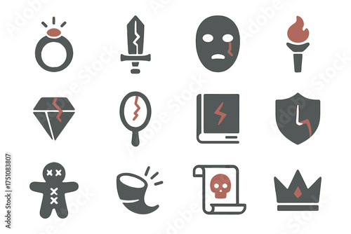 Set of flat adventure icons: sword, shield, torch, mask, and more for rpg games
