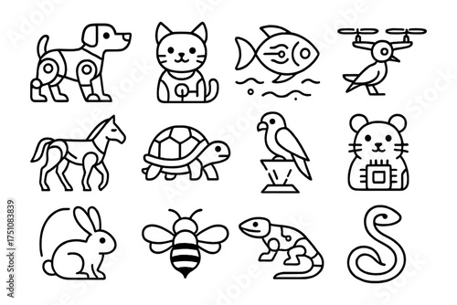 Cute animal icons set: cat, dog, fish, bird, and more in simple line art style