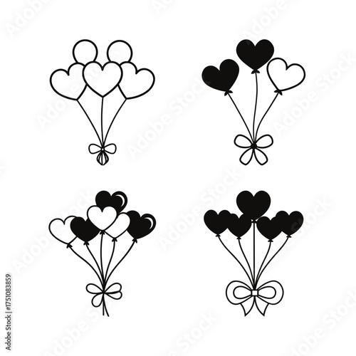 Heart shaped balloons tied with bows sketch on transparent background