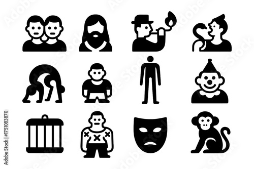 Bold icon set featuring theater, art, and circus elements in black silhouette design