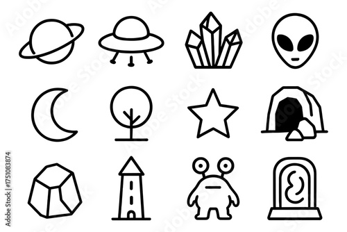 Space adventure: icon set featuring ufo, aliens, and astral elements