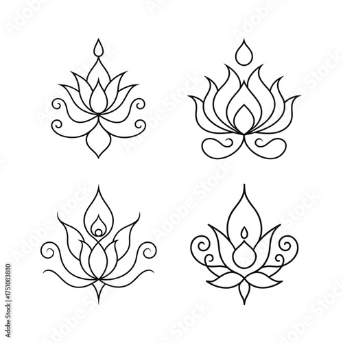 Collection of four lotus flower outlines on transparent background