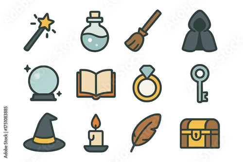Magic icons collection: wand, potion, broom, cloak, crystal ball, and more