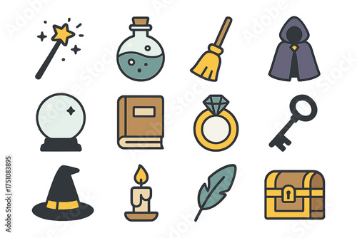 Charming magic icons set: hat, wand, and more in flat style for fantasy themes