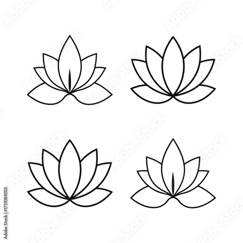 Four lotus flowers in a simple line art on transparent background