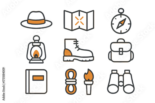Camping icons set: linear style essentials for outdoor adventure gear