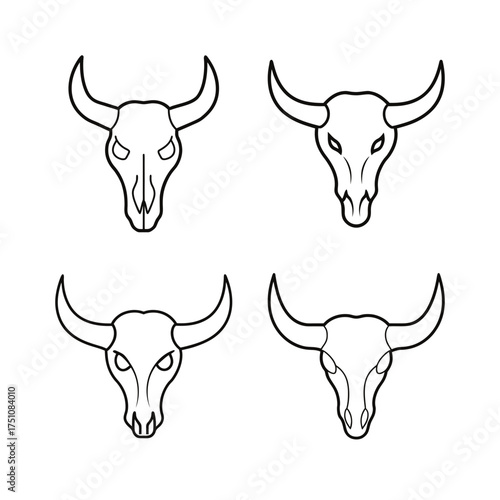 Four bull skulls outline black and white on transparent background