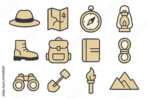 Minimalist camping icons: adventure gear essentials in simple line art