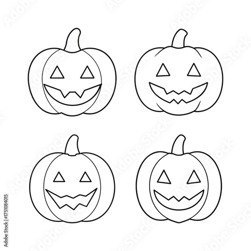 Four outlined halloween pumpkin illustrations on transparent background