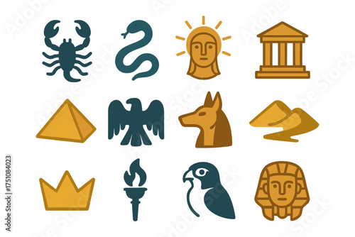 Ancient egyptian icons set: symbols of mythology and architecture in flat design