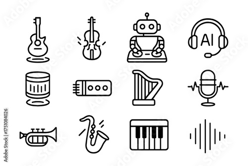 Minimalist music and technology icons set in linear style