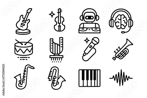 Music icons: set of linear musical instruments and technology symbols