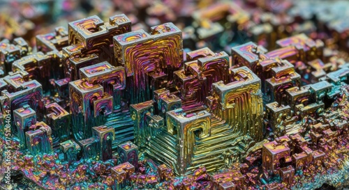 Wallpaper Mural Metallic Bismuth Crystal Abstract Close-Up Iridescent Geometric Shapes, Shiny Chemical Element Pattern, Modern Mineral Formation Detail Torontodigital.ca