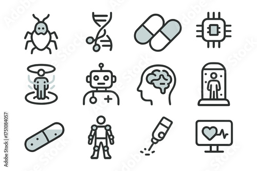 Futuristic technology and medicine concepts in simple line icons