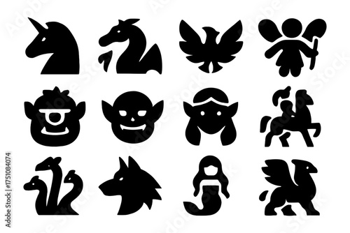 Mythical creature silhouettes: unicorns, dragons, and legendary figures in bold black