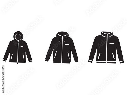 Black and White Vector Illustration of Three Different Style Jackets for Outdoor Activities and Weather Protection Apparel Choices
