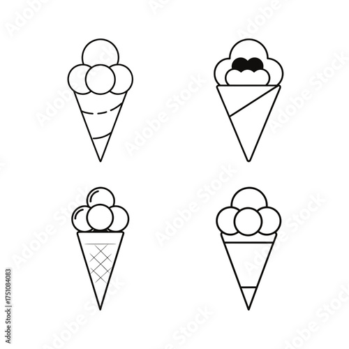 Four ice cream cones in outline drawing style on transparent background