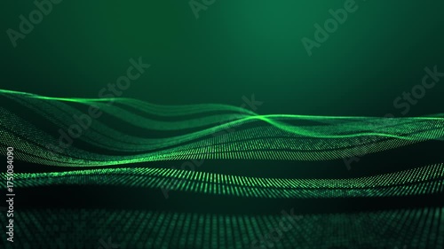 4k looped abstract green background of glow particles form lines, surfaces, structures as Holographic Green Wave