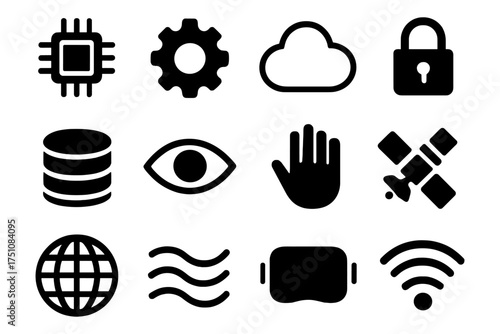 Collection of basic technology and communication icons in bold silhouette style