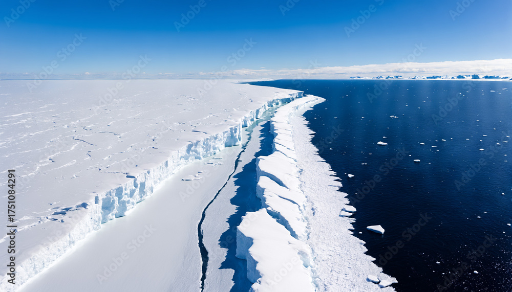 Obraz premium fictional location, a wide panoramic aerial view of a massive antarctic ice shelf showing its fractured edge against the deep blue ocean under a clear sky.
