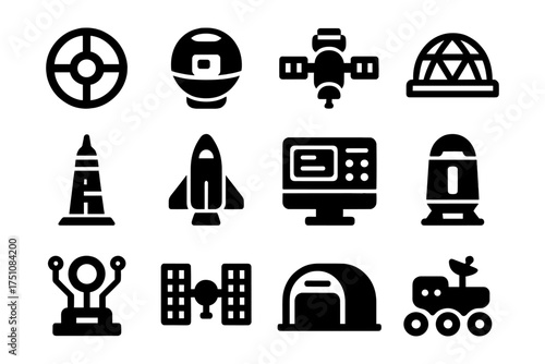 Futuristic space icons: rockets, satellites, and rovers in bold silhouette style