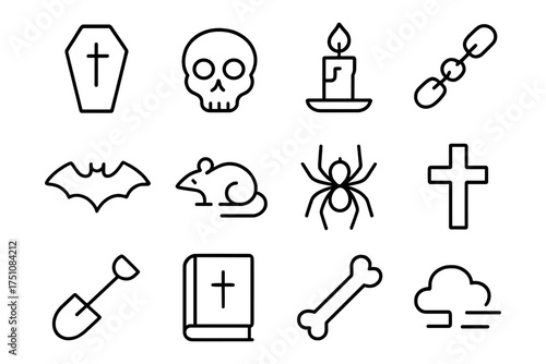 Halloween icons: skull, candle, spider, and more in linear style