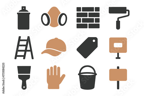 Home renovation tools and safety equipment icon set in flat style