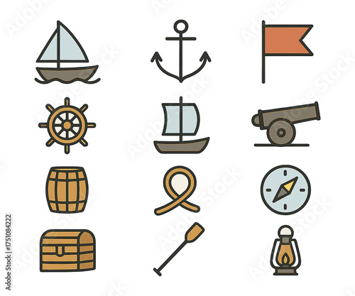 Nautical icon set featuring anchor, compass, sailboat, and more in flat design