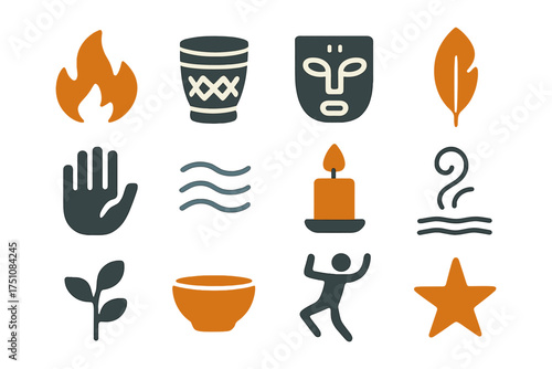 Collection of tribal and nature symbols featuring masks, flames, and feathers in earthy tones