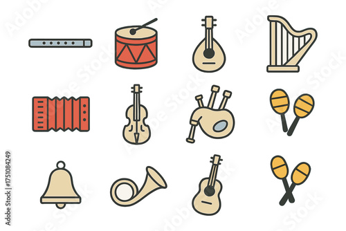 Musical instruments collection: flat style icons of guitar, violin, and more